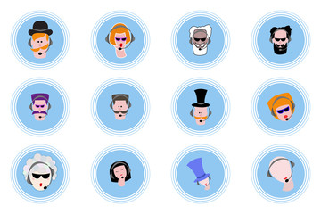 Set of cartoon avatars. Male and female characters. Yuong and elderly with headphones. Faces.