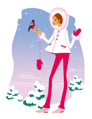 Horoscope for pregnant women - Winter; Pregnant woman in a white coat and red trousers nourishes seeds with bullfinch hands, against the backdrop of snow-covered Christmas trees.