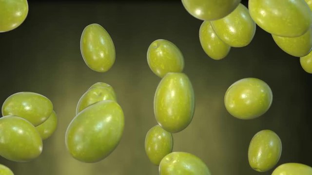 Olives falling with green background