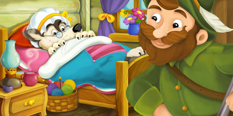 Cartoon scene of a lazy wolf sleeping in a bed while hunter is watching - illustration for children © agaes8080