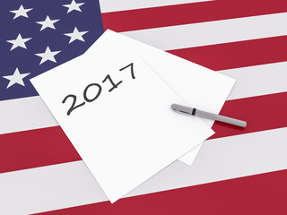 Fototapeta premium New Year: 2017 Note With Pen On US Flag Stars And Stripes, 3d illustration