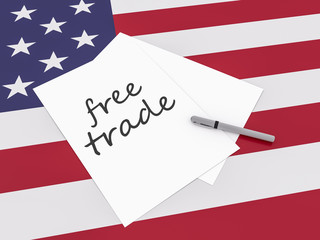 Fototapeta na wymiar Note Free Trade With Pen On US Flag Stars And Stripes, 3d illustration