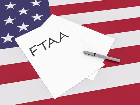 Free Trade Treaty: Note FTAA With Pen On US Flag Stars And Stripes, 3d illustration