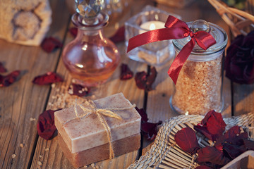 Composition of spa treatment. Natural handmade soap and sea salt