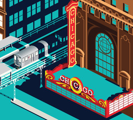Chicago theater and metro train - obrazy, fototapety, plakaty