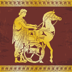 Fototapeta na wymiar Greek style drawing. Warrior in tunic equips horses. Gold pattern on a brown background.