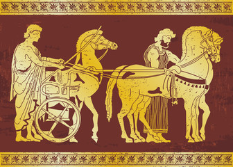 Fototapeta na wymiar Greek style drawing. Warriors in tunic equips horses. Gold pattern on a brown background.