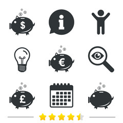 Piggy bank icons. Dollar, Euro, Pound moneybox.