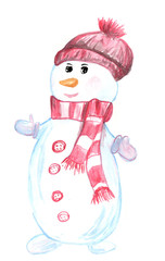 Snowman watercolor painting, hand drawn illustration