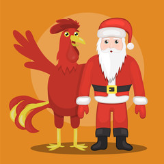 Vector cartoon illustration of rooster and Santa Claus. Concept of Chinese New Year.
