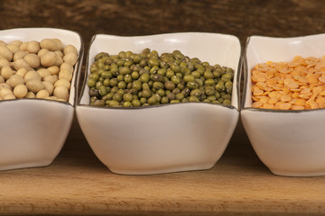 Healthy seeds: mung beans, red lentils, soybeans