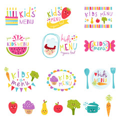 Kids menu stickers vector set.