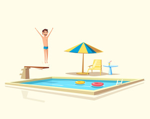 Man jumping. Swimming pool with a diving board. Cartoon Vector illustration