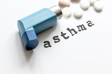 concept asthma and treatment on white background top view