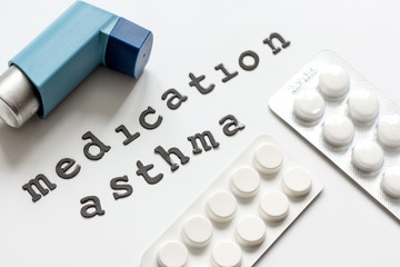 concept asthma and treatment on white background top view