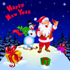 Merry Christmas and happy new year. Congratulation. Santa and snowman making selfie. Gifts color yellow, green, pink.