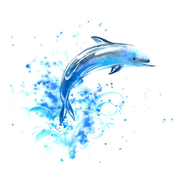 Blue dolphin and waves.Watercolor hand drawn illustration. Underwater animal image.