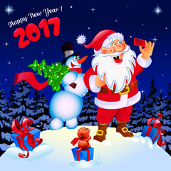 Happy New Year. Congratulation. Santa and snowman making selfie. Gifts color blue. Poster, card. Dark background.