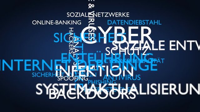 Cyber security and protection word tag cloud. 3D rendering, blue German variant. UHD