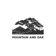 Fototapeta na wymiar Silhouette Vector Mountain And Tree Oak Logo Design