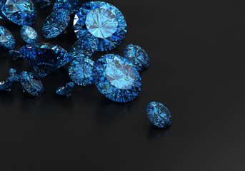 Blue diamonds placed on black background 3D illustration