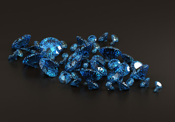 Blue diamonds placed on black background, 3D illustration.