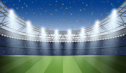 Fototapeta na wymiar Soccer Stadium with spot light and confetti background. Football Arena. Vector illustration.