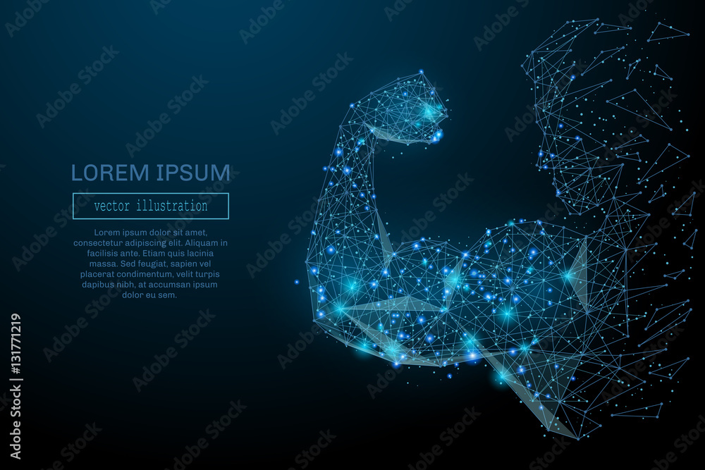 Poster Abstract line mans hand. Biceps made of lines and points. Background Athletics. Blue structure style vector illustration