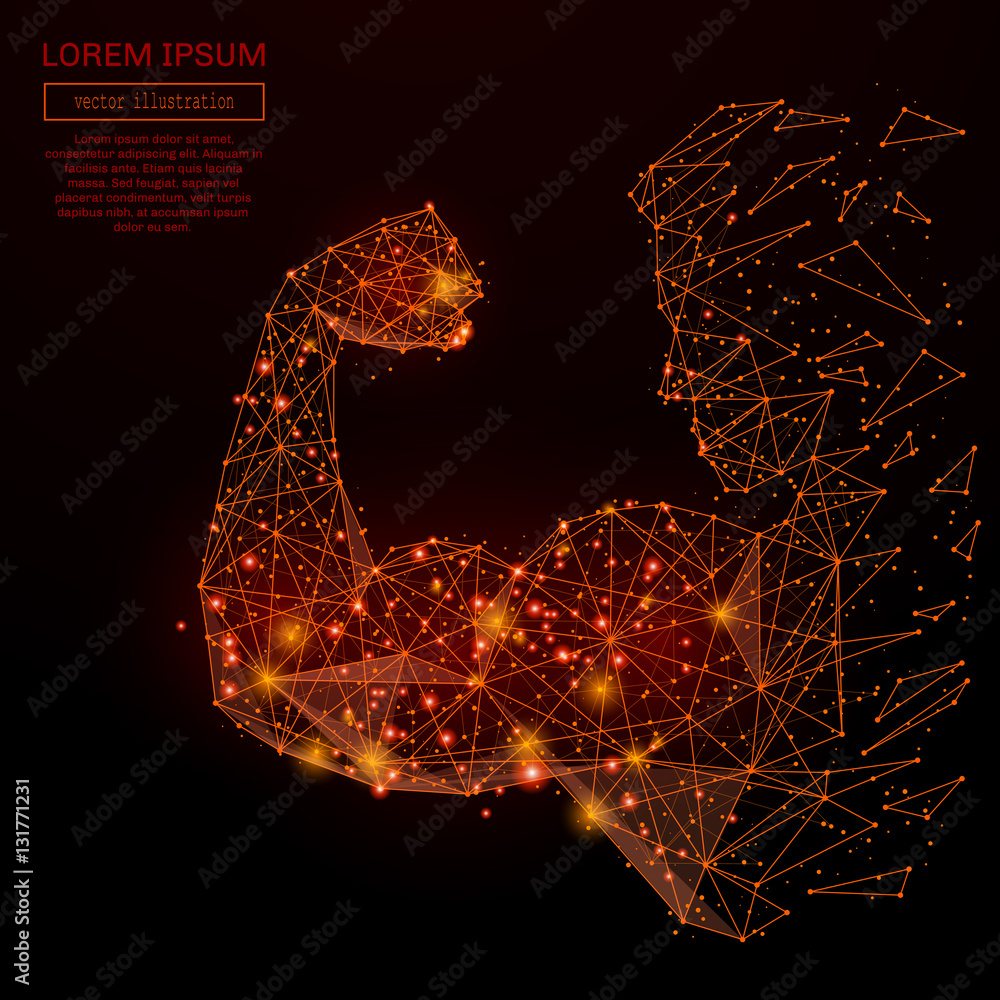Aufkleber Abstract mash line and point Biceps in flames on dark background with an inscription. Business Strength and power of a starry sky or space consisting of stars and the universe. Vector illustration