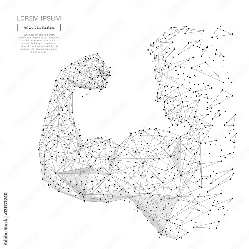 Poster Grey mans hand with polygon line on black abstract background. Polygonal space low poly biceps with connecting dots and lines. Connection structure. Vector science background.