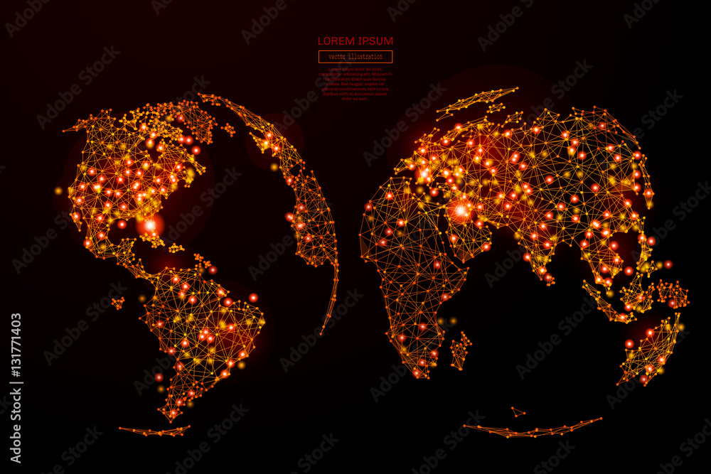 Aufkleber abstract mash line and point earth in flames style on dark background with an inscription. world map