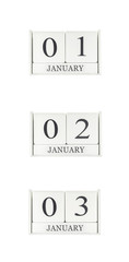 Closeup group of white wooden calendar with black 1 , 2 , 3 january word , three date calendar isolated on white background