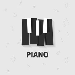 Piano keys vector flat black and white logo emblem, piano keyboard poster, music lesson symbol isolated on gray notes background © vladwel
