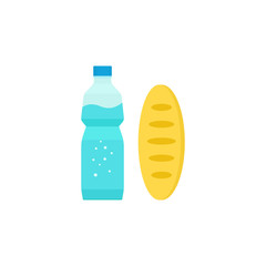 Water bottle and bread loaf vector illustration isolated on white background, flat style food and drinks concept, breakfast meal idea