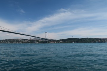 Bosphorus Bridge and Strait as seen from Ortakoy Mosque in Istanbul, Turkey