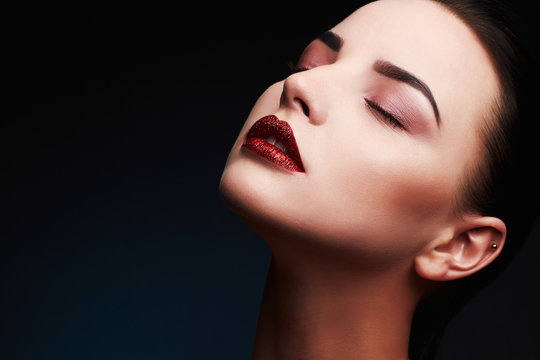 Beautiful Model Woman.Gorgeous Glamour Beauty Red Lips Makeup Detail.glitter lipstick