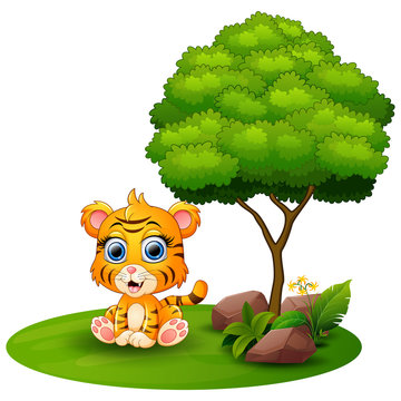 Cartoon tiger sitting under a tree on a white background