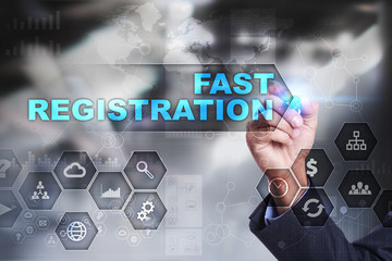 Businessman is drawing on virtual screen. fast registration concept.