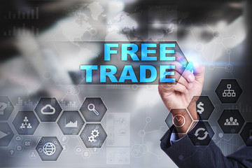 Businessman is drawing on virtual screen. free trade concept.