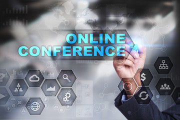 Businessman is drawing on virtual screen. online conference concept.
