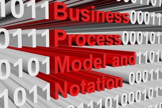 Business Process Model and Notation in the form of binary code, 3D illustration