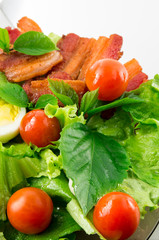 Cherry tomatoes, herbs, olive oil, eggs and bacon