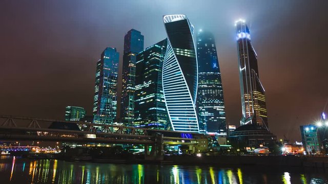 Skyscrapers International Business Center City at night timelapse hyperlapse , Moscow, Russia
