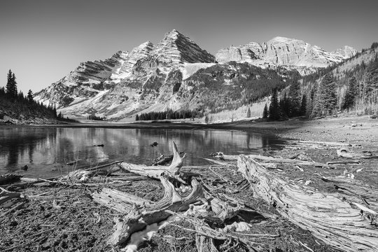 Black and white photo of Maroon Bells landscape, Aspen in Colorado, USA.