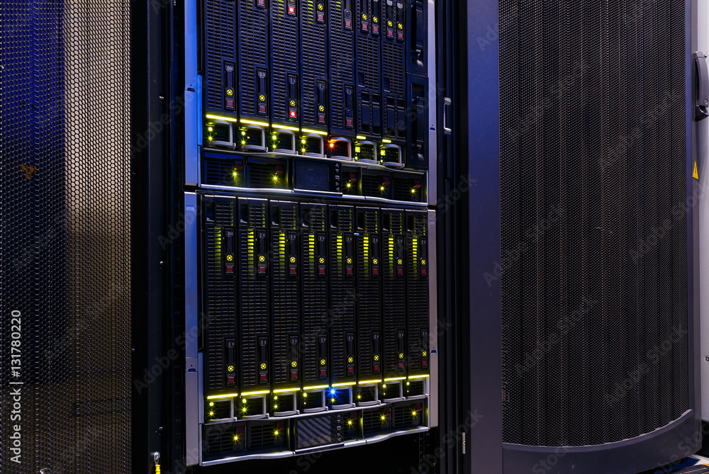 Poster modern computer server in rack close-up