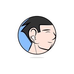 A boy listening to music with ear phone sticker. Isolated.