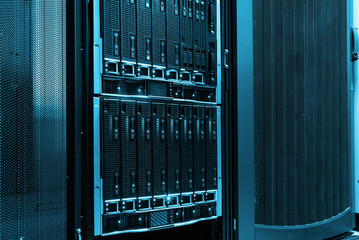 Blade server close-up in series of mainframes in data center