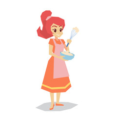 happy housewife holding bowl and whisk Cartoon isolated on white background
