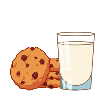  cartoon glass of milk and Chocolate chip cookies. Breakfast food christmas isolated on white background