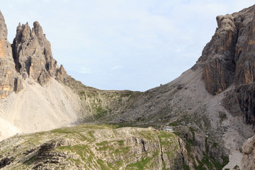 Sexten Dolomites Mountain panorama and alpine hut Rifugio Carducci in South Tyrol, Italy